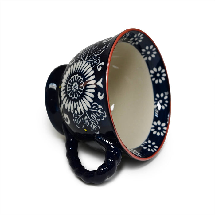 Mira Ceramic Mug – Dark Blue w/ White Floral Mandala (14oz) - SM10-5033-Happy Earth Tea
