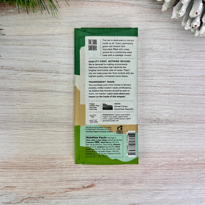 Green Tea Crunch - Genmaicha Dark Chocolate | By Raaka Chocolate | 51 gm label