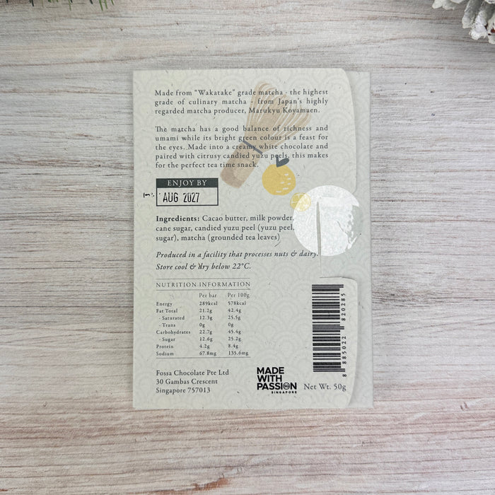Matcha and Yuzu White Chocolate | By Fossa Chocolate | 50 gm  label