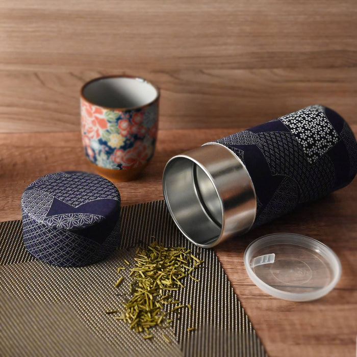 Japanese Double-Lid Tea Container – Navy Fan (200g) - TCYA02-Happy Earth Tea
