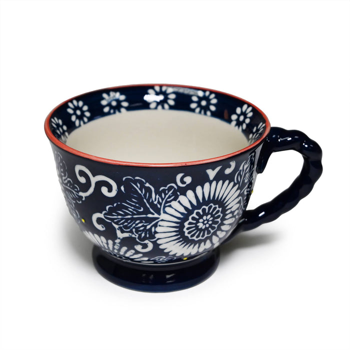 Mira Ceramic Mug – Dark Blue w/ White Floral Mandala (14oz) - SM10-5033-Happy Earth Tea