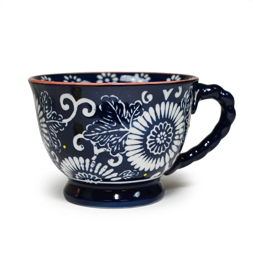 Mira Ceramic Mug – Dark Blue w/ White Floral Mandala (14oz) - SM10-5033-Happy Earth Tea
